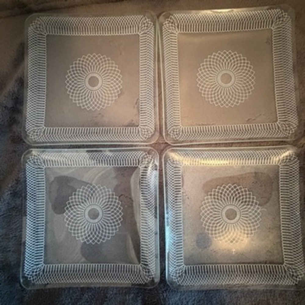 Svend Jensen Danish Modern Etched Glass Square Plates Set of 4 White Mandala 8in